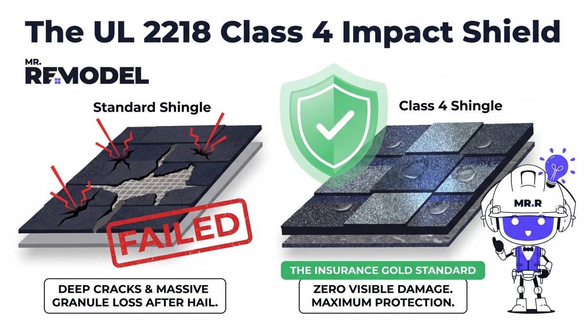A visual showcasing the advantages of the UL 2218 Class 4 Impact Shield.